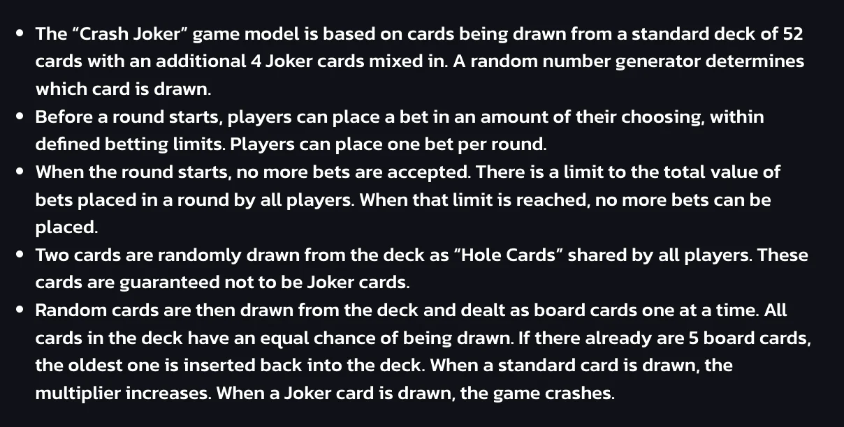 Game rules panel Crash Joker game rules panel showing round setup