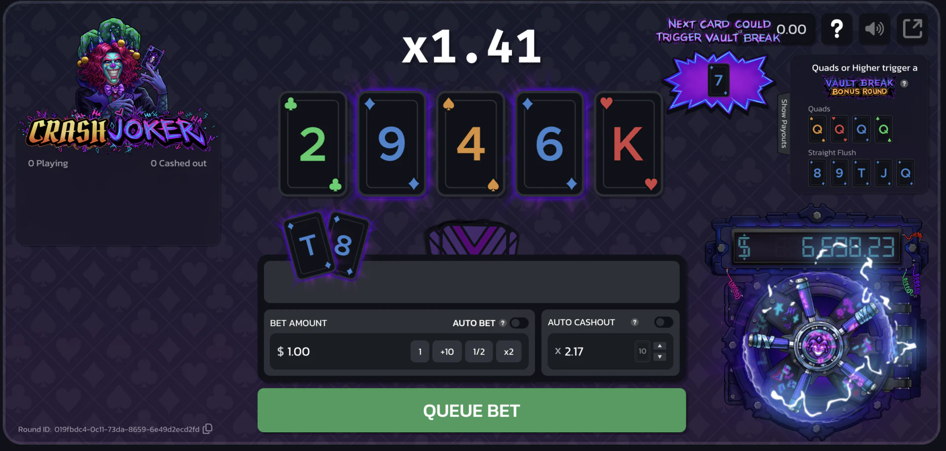 Crash Joker desktop betting screen and shared card table